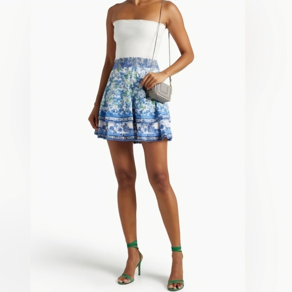 Alice + Olivia White and Blue Floral Smocked Mini Skirt
